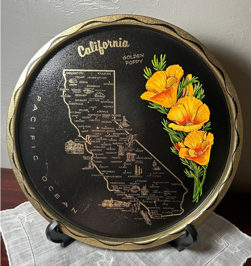 Vintage souvenir round metal tray California